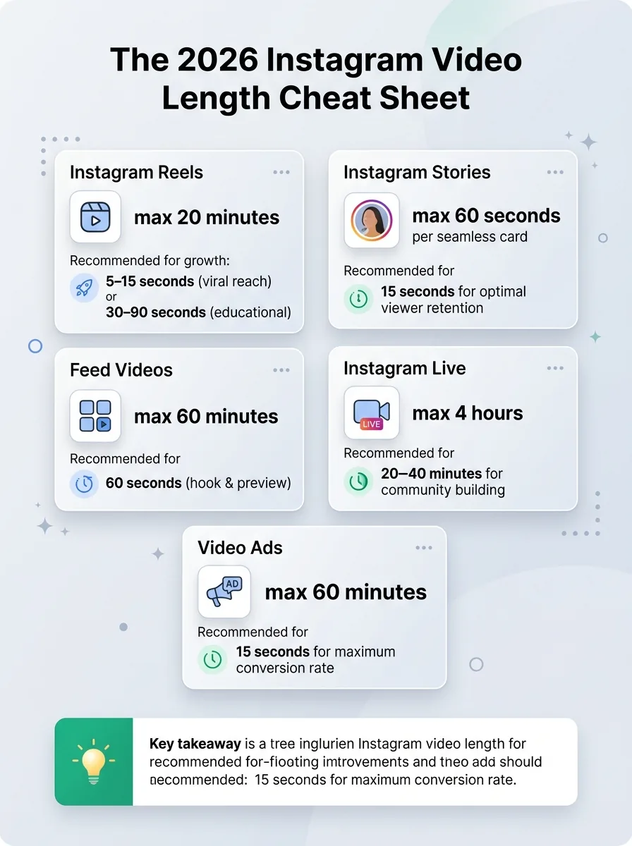 Instagram video length limits cheat sheet 2026
