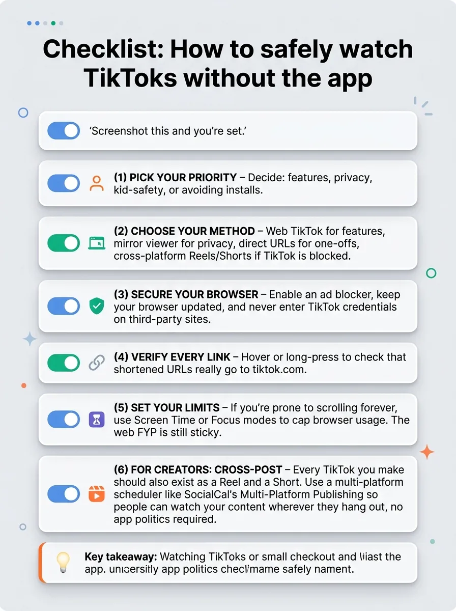 Checklist: How to safely watch TikToks without the app — infographic