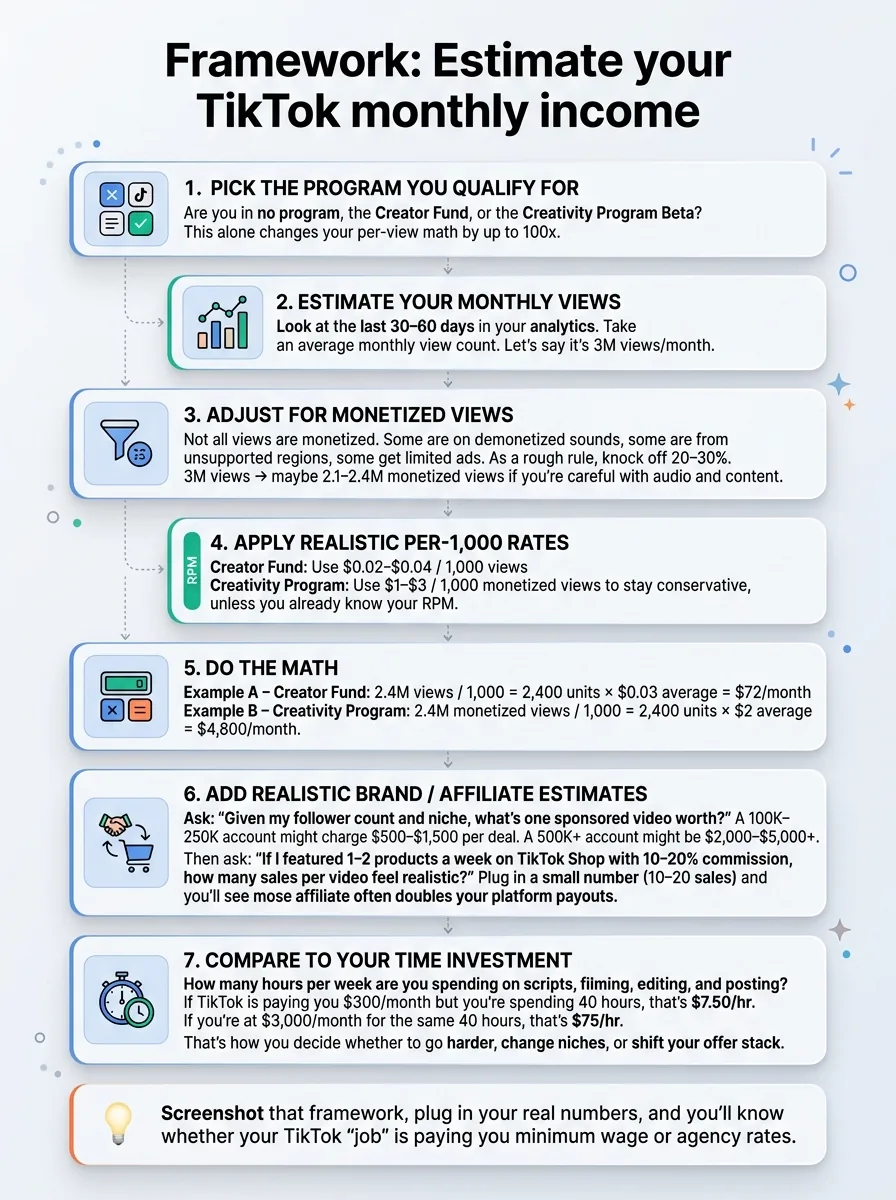 Framework: Estimate your TikTok monthly income — infographic