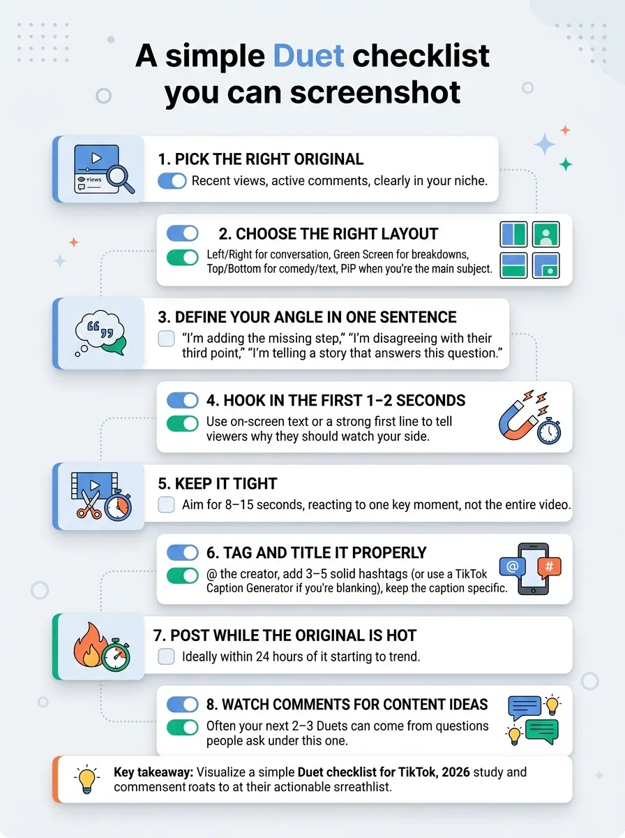 A simple Duet checklist you can screenshot — infographic