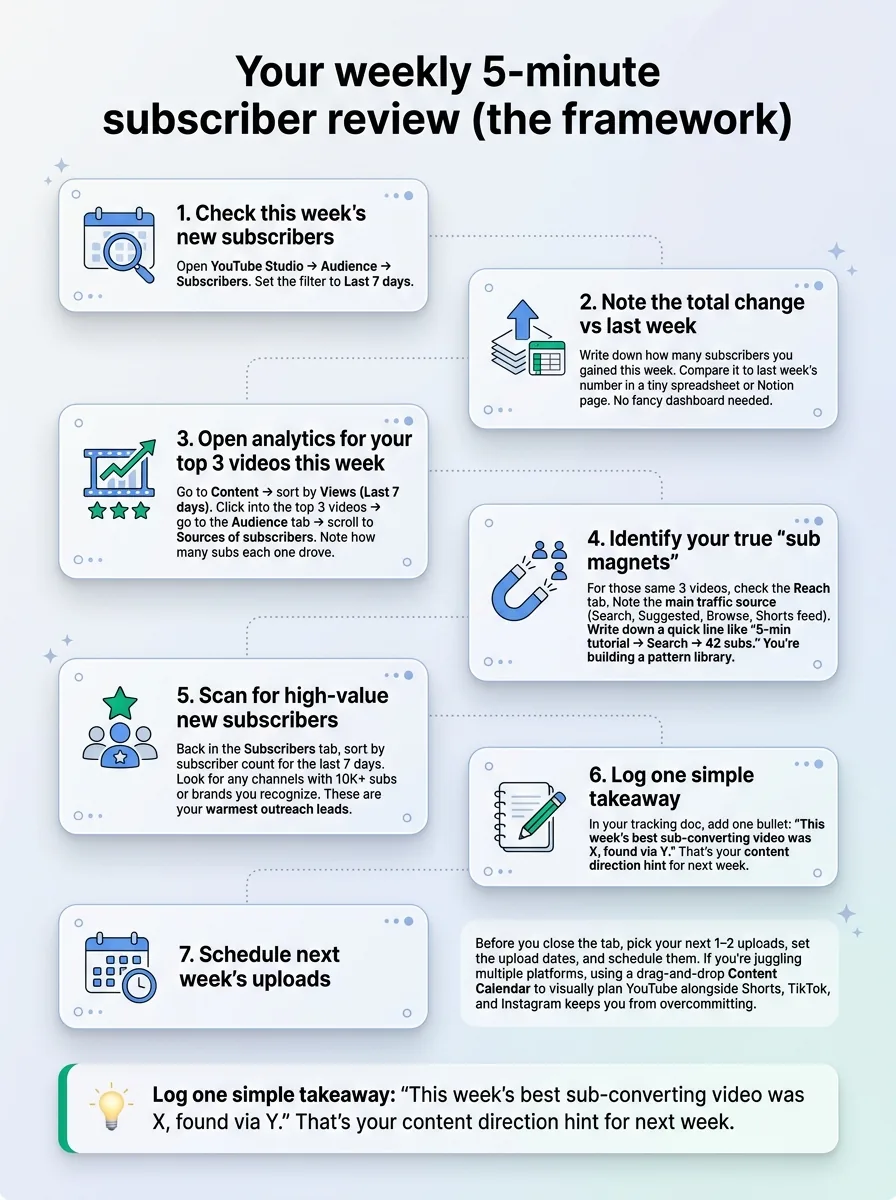 Your weekly 5-minute subscriber review (the framework) — infographic